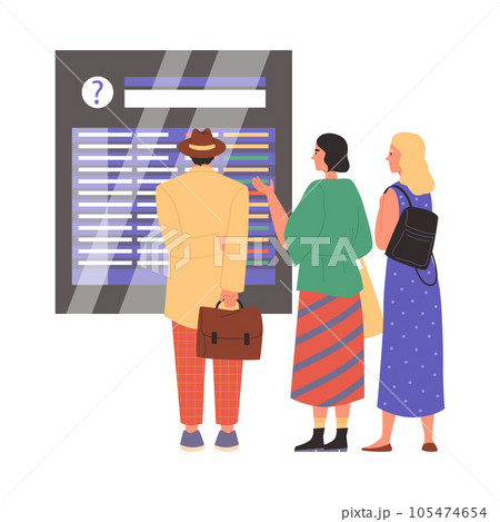 People looking at informational board in airport or train station, flat vector illustration isolated on white background. People looking at informational board in airport or train station, flat vector illustration isolated on white background. 105474654