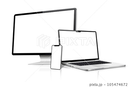 Realistic computer screen, laptop, phone. Flat lay detailed and realistic devices mockup 105474672