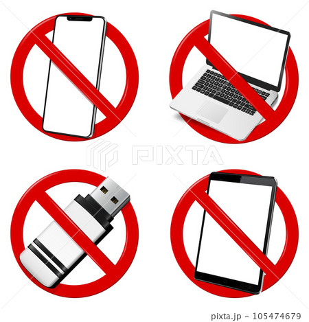 Not use digital devices. Set of prohibition sign. Forbidden signs isolated on white background. Not use digital devices. Set of prohibition sign. Forbidden signs isolated on white background. 105474679