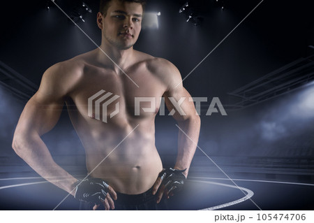Double exposure of the athlete and the arena. 105474706