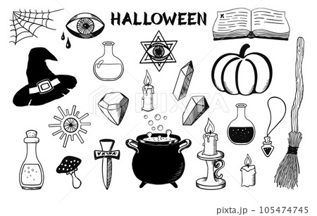 Halloween objects set. Magical hand drawn symbols. Witch cauldron, hat, broom, candles and other design elements for Halloween. Sketch style. Vector illustration Halloween objects set. Magical hand drawn symbols. Witch cauldron, hat, broom, candles and other design elements for Halloween. Sketch style. Vector illustration 105474745