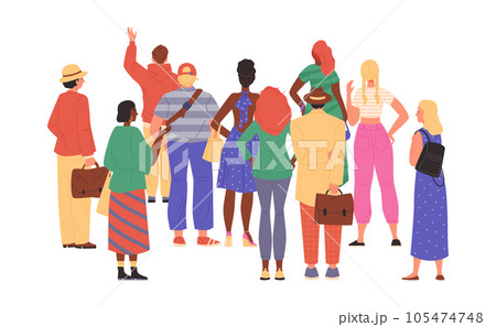 Group of curious people stand with backs, flat vector illustration isolated. Group of curious people stand with backs, flat vector illustration isolated. 105474748