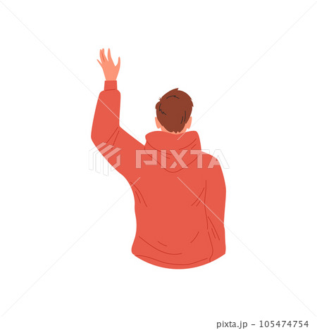 Man raising his hand in greeting gesture view from back, flat vector isolated. Man raising his hand in greeting gesture view from back, flat vector isolated. 105474754