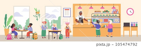 Vector illustration of interior of school cafeteria with staff, schoolchildren take, eat drinks and meal, having lunch Vector illustration of interior of school cafeteria with staff, schoolchildren take, eat drinks and meal, having lunch 105474792