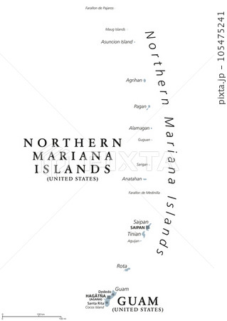 Guam and Northern Mariana Islands, gray political map. Two separate unincorporated territories of the United States of America in the Micronesia subregion of the Western Pacific Ocean. Illustration. 105475241
