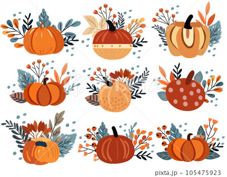 Autumn collection featuring a pumpkin composition, multicolored foliage, red berries. Great for websites, banners, greeting cards, Thanksgiving. Vector illustration. Autumn collection featuring a pumpkin composition, multicolored foliage, red berries. Great for websites, banners, greeting cards, Thanksgiving. Vector illustration. 105475923