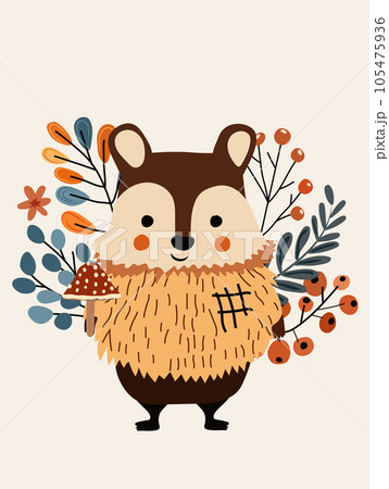 Cute forest bear with wild berries and leaves. Woodland animals. Perfect for web, banner, card, poster. Vector illustration Cute forest bear with wild berries and leaves. Woodland animals. Perfect for web, banner, card, poster. Vector illustration 105475936
