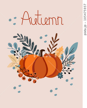 Autumn banner with pumpkin composition with colorful leaves, red berry. Perfect for web, banner, card and Thanksgiving. Vector illustration. 105475937
