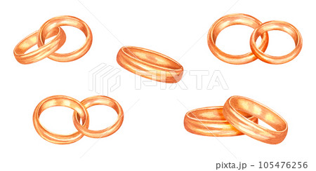 Set of gold wedding rings. Pair of golden engagement rings. Marriage invitation elements. Watercolor illustration isolated on white background. For registration of festive cards, invitations 105476256