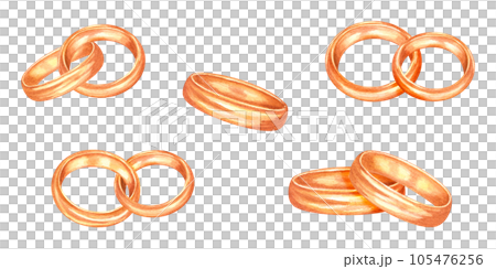 Set of gold wedding rings. Pair of golden engagement rings. Marriage invitation elements. Watercolor illustration isolated on white background. For registration of festive cards, invitations 105476256