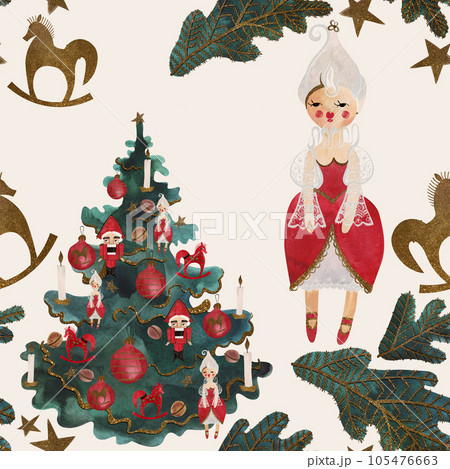 Watercolor seamless patern with decorated christmas tree add dolls . Christmas wrapping paper. Children's toy. A Christmas gift. Raster illustration for packaging, greeting cards, gifts Watercolor seamless patern with decorated christmas tree add dolls . Christmas wrapping paper. Children's toy. A Christmas gift. Raster illustration for packaging, greeting cards, gifts 105476663