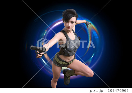 銃を片手に持ち突進するプロの女性ヒットマン 105476965