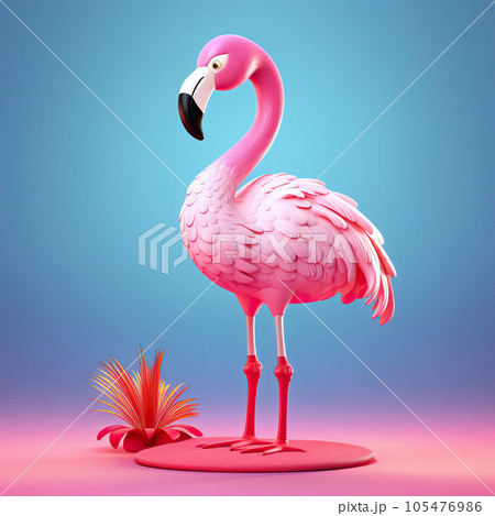 Realistic cartoon flamingo in 3d style. Pink tropical exotic bird standing. Holiday travel vacation beach pool party elegant element. Summer paradise poster design illustration, blue background. Realistic cartoon flamingo in 3d style. Pink tropical exotic bird standing. Holiday travel vacation beach pool party elegant element. Summer paradise poster design illustration, blue background. 105476986
