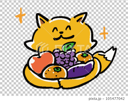 Hand drawn style illustration of a fox holding a lot of fruits 105477042