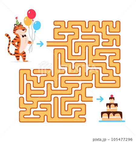 Maze game for kids with Tiger on white background. Let's help happy tiger with balloons to find way to his cake. Animal puzzle learning book page design template Labyrinth colorful vector illustration 105477296