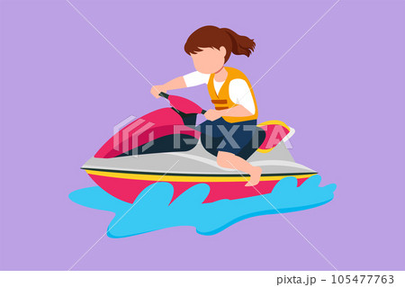 Cartoon flat style drawing pretty little girl riding jet ski at beach. Happy smiling child with rides water scooter on ocean waves. Summer sea water sport concept. Graphic design vector illustration Cartoon flat style drawing pretty little girl riding jet ski at beach. Happy smiling child with rides water scooter on ocean waves. Summer sea water sport concept. Graphic design vector illustration 105477763
