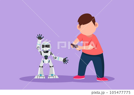 Graphic flat design drawing happy little boy playing with remote controlled robot toys. Cute kids playing with tech electronic toy robot with remote control in hands. Cartoon style vector illustration 105477775