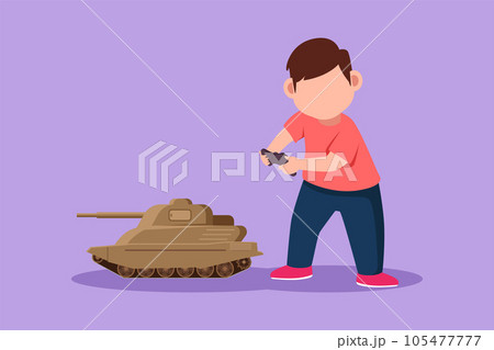 Graphic flat design drawing of cheerful boy playing with remote-controlled toy battle tank. Happy kids playing with electronic toy tank with remote control in hands. Cartoon style vector illustration 105477777