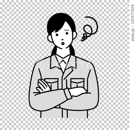 A simple illustration of a female worker wearing work clothes thinking with folded arms A simple illustration of a female worker wearing work clothes thinking with folded arms 105477824
