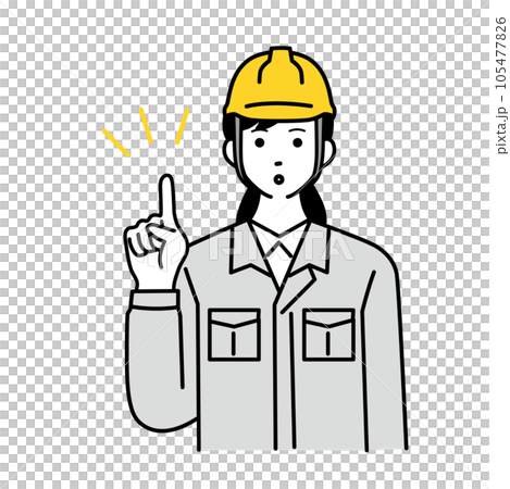 A simple illustration of a female worker wearing work clothes wearing a helmet and making a gesture of raising her index finger A simple illustration of a female worker wearing work clothes wearing a helmet and making a gesture of raising her index finger 105477826