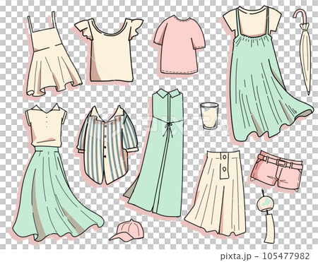 Hand-drawn style summer clothes fashion - Stock Illustration