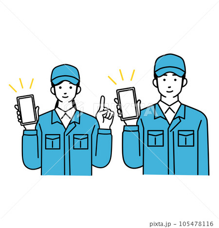 スマホをもつ作業服を着た男女の配達員のシンプルなイラスト スマホをもつ作業服を着た男女の配達員のシンプルなイラスト 105478116