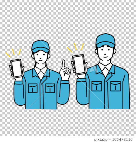 スマホをもつ作業服を着た男女の配達員のシンプルなイラスト スマホをもつ作業服を着た男女の配達員のシンプルなイラスト 105478116