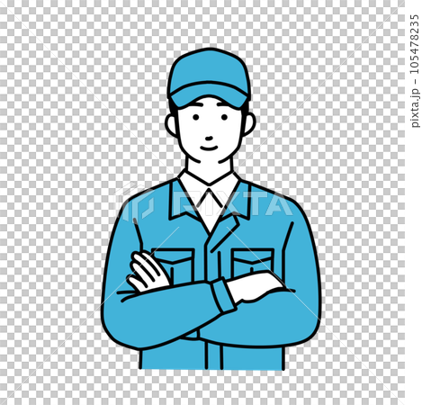 A simple illustration of a male delivery man wearing work clothes that folds his arms A simple illustration of a male delivery man wearing work clothes that folds his arms 105478235