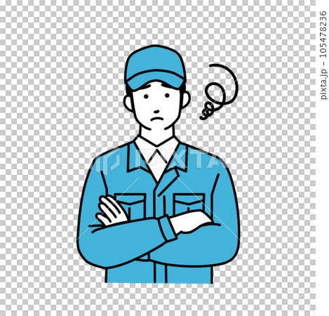 A simple illustration of a male delivery man wearing work clothes that folds his arms A simple illustration of a male delivery man wearing work clothes that folds his arms 105478236