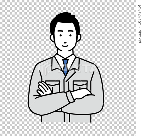 一個穿著工作服、雙臂交叉的男工人的簡單插畫 105478414