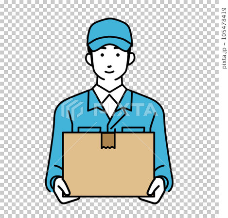 A simple illustration of a male delivery man in work clothes holding a package A simple illustration of a male delivery man in work clothes holding a package 105478419
