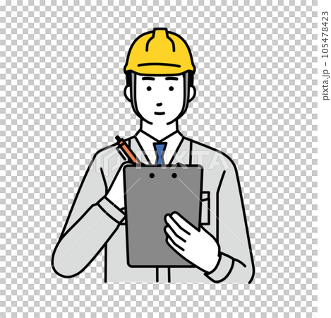 A simple illustration of a male worker wearing work clothes holding a clipboard A simple illustration of a male worker wearing work clothes holding a clipboard 105478423