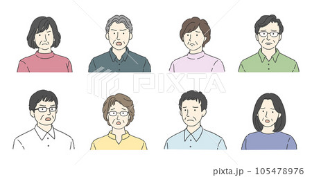 ネガティブな表情をしたミドル男性とシニア女性のアイコンセット 105478976