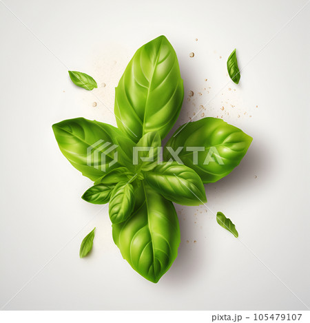 Fresh green basil on a white background. Close up. Green basil on a white background. Food background. Illustration 105479107