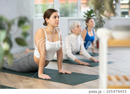 Group of females exercising during yoga class at gym 105479455