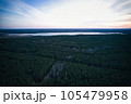 Above aerial shot of green pine forests and yellow foliage groves with beautiful texture of golden treetops. Beautiful fall season scenery in evening. Mountains in autumn colors in golden time 105479958