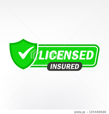 Licensed insured. Certification stamp. Flat design vector. Badge, icon, stamp. Icons with tick mark Licensed insured. Certification stamp. Flat design vector. Badge, icon, stamp. Icons with tick mark 105480686