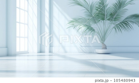 Light blue wall with shade and plant on the floor in a vase Light blue wall with shade and plant on the floor in a vase 105480943