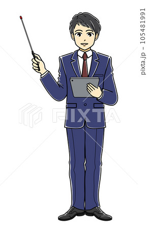 タブレットを持ちながら指示棒で説明するスーツの若い男性 タブレットを持ちながら指示棒で説明するスーツの若い男性 105481991