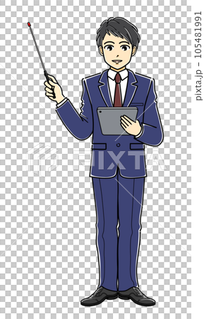 A young man in a suit explaining with an instruction stick while holding a tablet 105481991