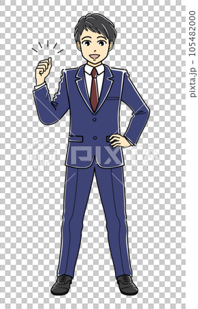 A young man in a suit doing a guts pose while putting his hand on his waist 105482000