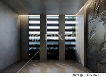 Modern empty room interior design contemporary, with natural tones on the room, walls, floor and ceiling.  rendering illustration 105482129