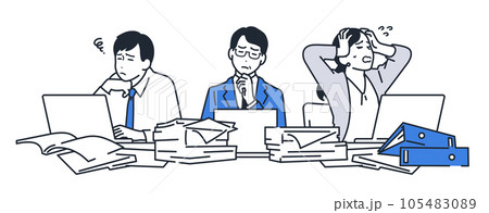 ペーパーレス化に悩む3人のビジネスパーソンのシンプルなベクターイラスト素材 105483089