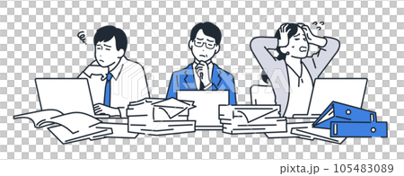 ペーパーレス化に悩む3人のビジネスパーソンのシンプルなベクターイラスト素材 105483089
