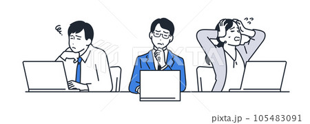 ノートパソコンの前で悩む3人のビジネスパーソンのシンプルなベクターイラスト素材 ノートパソコンの前で悩む3人のビジネスパーソンのシンプルなベクターイラスト素材 105483091