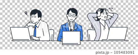 ノートパソコンの前で悩む3人のビジネスパーソンのシンプルなベクターイラスト素材 ノートパソコンの前で悩む3人のビジネスパーソンのシンプルなベクターイラスト素材 105483091