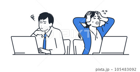 PCの前で悩む2人の会社員のシンプルなベクターイラスト素材 105483092