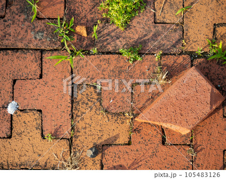 Bricks on the ground. Construction works. Brick block. Demolition work. Stones on the ground. Pedestrian zone. 105483126