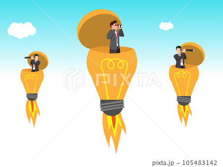 Entrepreneur open lightbulb idea using binoculars to see business vision. Creativity to help see business opportunity, vision to discover new solution or idea, curiosity, searching for success concept 105483142