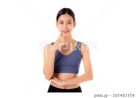 Portrait of beautiful young asian woman in sportwear smile and thinking isolated. Portrait of beautiful young asian woman in sportwear smile and thinking isolated. 105483359